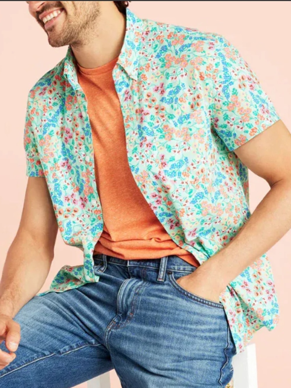 J. Crew Mint Floral Short-Sleeve Button-Down Shirt with Coral and Blue Accents